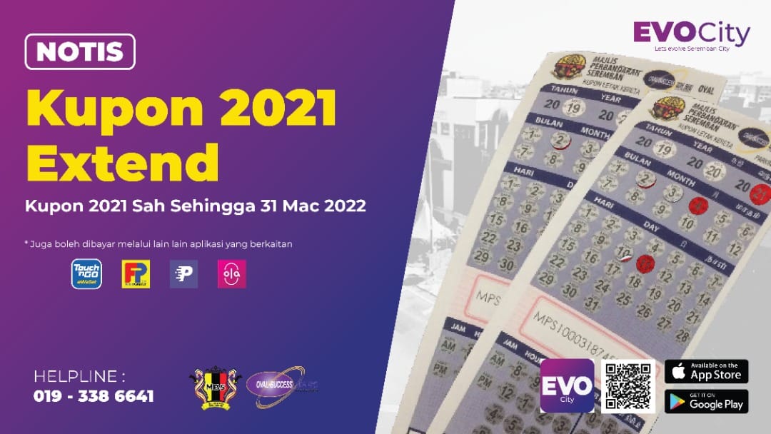 PENGGUNAAN KUPON TEMPAT LETAK KERETA (2019-2021) BAGI MAJLIS BANDARAYA SEREMBAN DILANJUTKAN SEHINGGA 31 MAC 2022